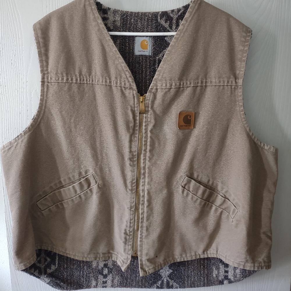 Vtg 90's Carhartt Vest Tan Canvas Aztec Pattern Lined Sherpa USA RARE Size 3XL